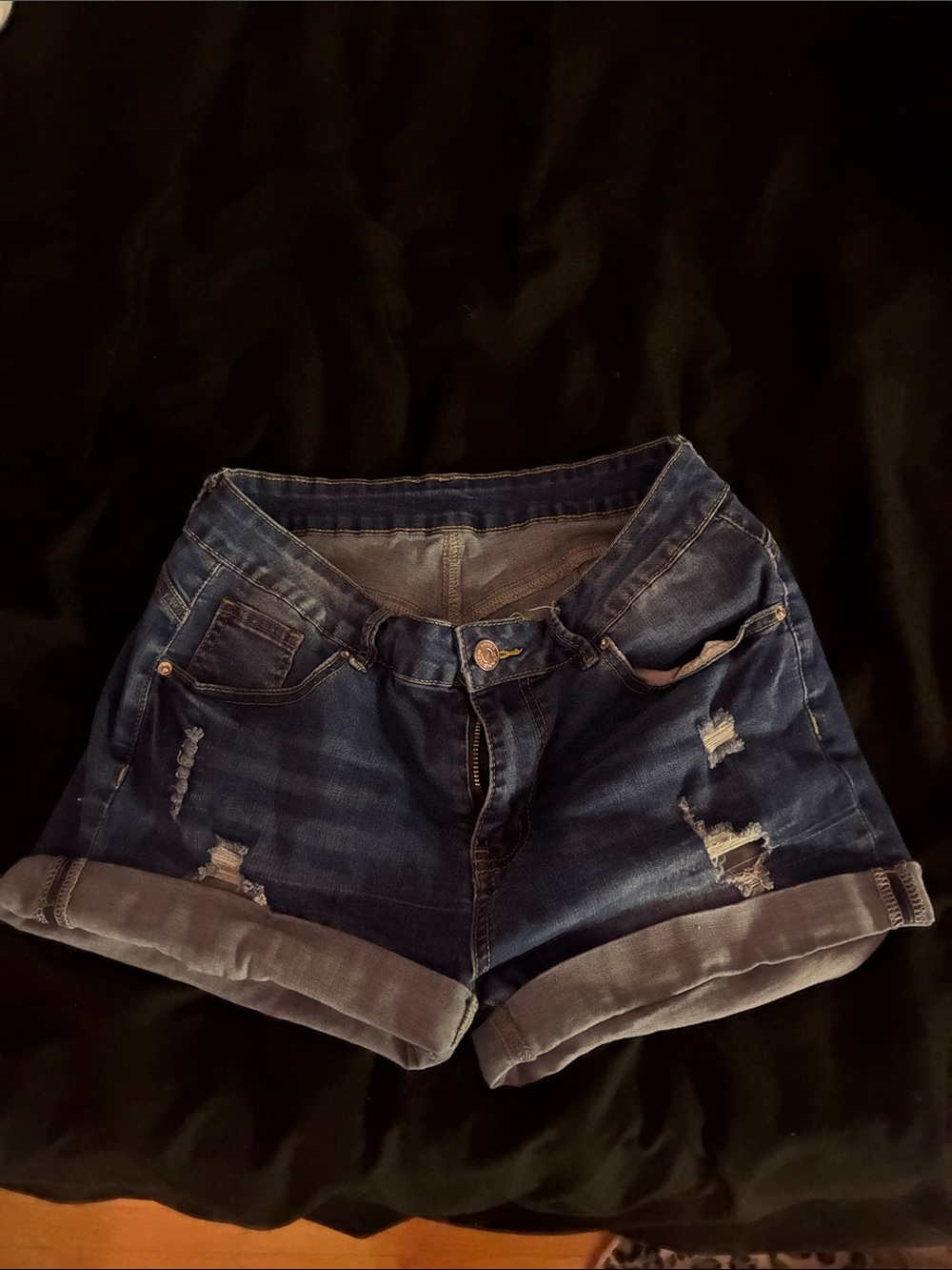 Dark Blue Distressed Roll-Cuff Denim Shorts - Women